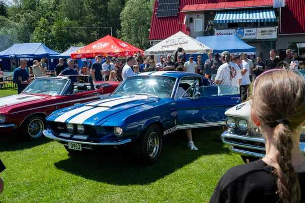 Modrý Shelby GT350 s bílými pruhy mezi vystavenými vozy